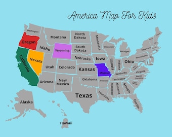 May include: A simplified map of the United States of America for kids, with each state outlined in gray and labeled with its name. The states of Oregon, Wyoming, California, Nevada, and Missouri are highlighted in different colors.