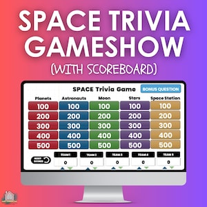 May include: A computer monitor displays a space trivia game show interface. The screen features categories like Planets, Astronauts, and Stars, with point values. The title reads "SPACE TRIVIA GAMESHOW (WITH SCOREBOARD)".