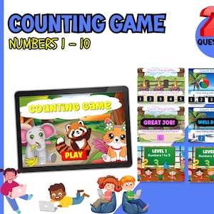 Puede incluir: Un juego de PowerPoint colorido para niños para aprender a contar del 1 al 10. El juego presenta una tableta de dibujos animados con un botón de reproducción y personajes de animales lindos. Hay 20 preguntas en el juego, divididas en dos niveles.