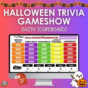 Può includere: Uno schermo di computer mostra un gioco a quiz di Halloween con un tabellone. Il gioco presenta categorie come "Monster Match" e "Creepy Trivia". Un fantasma con una zucca e un file PPT sono anche visibili.