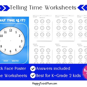 Könnte beinhalten: Ein druckbares Arbeitsblatt-Set zum Unterrichten von Kindern im Uhrzeitlesen. Das Set enthält ein Uhrblatt-Poster und vier Arbeitsblätter mit Lösungsschlüsseln. Die Arbeitsblätter zeigen analoge Uhren mit Zeigern, die bewegt werden können, um verschiedene Uhrzeiten anzuzeigen. Der Titel des Sets lautet "Telling Time Worksheets".