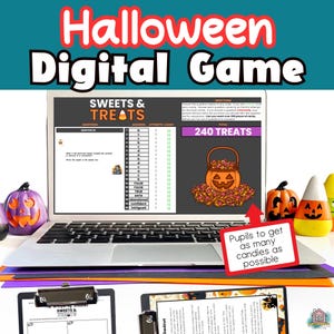 May include: A digital Halloween game for children called "Sweets & Treats" with a pumpkin-shaped basket filled with sweets. The game has 240 treats and the goal is for pupils to get as many sweets as possible.