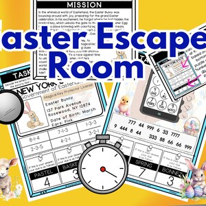 Puede incluir: Un juego de escape room de Pascua con un dise&ntilde;o colorido. El juego incluye un temporizador, una lupa, una tarjeta de llave y un tel&eacute;fono con un teclado. El juego est&aacute; dise&ntilde;ado para que lo disfruten ni&ntilde;os y adultos.