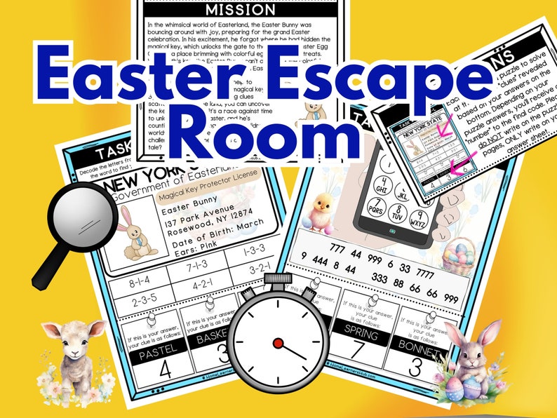 Puede incluir: Un juego de escape room de Pascua con un dise&ntilde;o colorido. El juego incluye un temporizador, una lupa, una tarjeta de llave y un tel&eacute;fono con un teclado. El juego est&aacute; dise&ntilde;ado para que lo disfruten ni&ntilde;os y adultos.