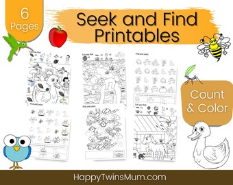 Seek And Find Printables For Kids 2-4 | hidden objects for kids | homeschooling worksheets | coloring activity book | animals | counting