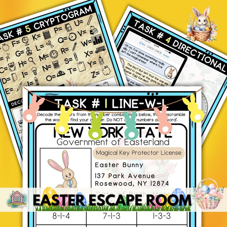 Puede incluir: Un juego de escape room de Pascua imprimible colorido con un conejo, una llave y una cuadr&iacute;cula de n&uacute;meros. El juego se titula "Easter Escape Room" e incluye el texto "New York State Government of Easterland".