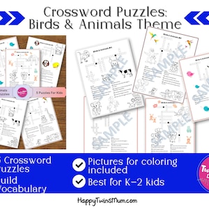 Crossword Puzzles For Kids| Birds And Animals| Word Game| Brain Game| Classroom Activity| Back To School| Homeschool Activities| PDF| Puzzle