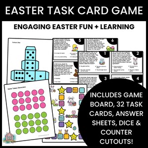 May include: A printable Easter game board with 32 task cards, answer sheets, a dice, and counter cutouts. The game board features a colorful Easter egg design and includes a bunny, chick, and egg characters. The task cards include questions about Easter traditions around the world.