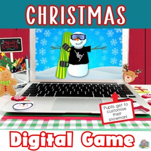 May include: A laptop computer with a digital Christmas game on the screen. The game features a snowman wearing a black shirt and goggles, holding a snowboard. The text "Pupils get to customise their snowman!" is on a red square below the laptop. The text "Digital Game" is in red letters below the laptop.