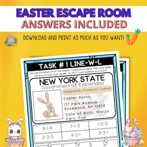 Puede incluir: Una actividad de escape room de Pascua imprimible para ni&ntilde;os. La actividad presenta un conejito de dibujos animados colorido con el texto "NEW YORK STATE Government of Easterland Magical Key Protector License Easter Bunny 137 Park Avenue Rosewood, NY 12874 Date of Birth: March Ears: Pink" y un rompecabezas de descifrado de c&oacute;digos.