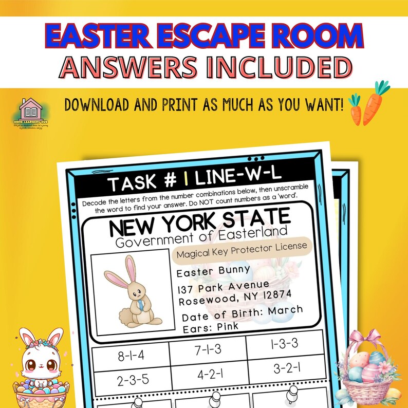 Puede incluir: Una actividad de escape room de Pascua imprimible para ni&ntilde;os. La actividad presenta un conejito de dibujos animados colorido con el texto "NEW YORK STATE Government of Easterland Magical Key Protector License Easter Bunny 137 Park Avenue Rosewood, NY 12874 Date of Birth: March Ears: Pink" y un rompecabezas de descifrado de c&oacute;digos.