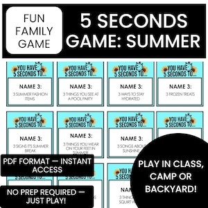 Jogo de 5 Segundos - Edição de Verão | Jogo de Festa | Diversão em Família para Imprimir | Cartões de Atividades de Verão para Crianças | Atividade para Viagem de Carro | Jogo de Nomes 3