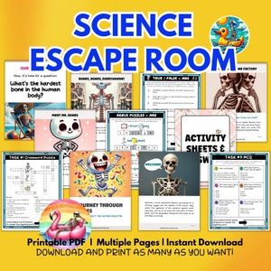 Puede incluir: Una hoja de actividad de escape room imprimible para niños que aprenden sobre el esqueleto humano. La hoja colorida presenta un personaje esqueleto, un crucigrama, un cuestionario de verdadero o falso y una pregunta de opción múltiple. El texto en la hoja dice "Science Escape Room".