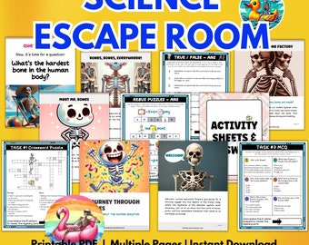 Puede incluir: Una hoja de actividad de escape room imprimible para niños que aprenden sobre el esqueleto humano. La hoja colorida presenta un personaje esqueleto, un crucigrama, un cuestionario de verdadero o falso y una pregunta de opción múltiple. El texto en la hoja dice "Science Escape Room".