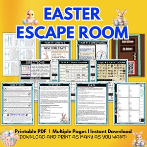 Può includere: Gioco di escape room di Pasqua stampabile con più pagine. Il gioco presenta una varietà di compiti, tra cui un cruciverba, un crittogramma e un puzzle direzionale. Il gioco è progettato per bambini e adulti ed è perfetto per un'attività familiare divertente.