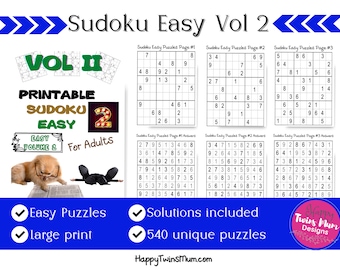 Druckbare Sudoku Easy For Erwachsene Vol 2 | 540 verschiedene Sudoku-Rätsel mit Lösungen | Druckbares Puzzlebuch für Erwachsene | Denksportaufgaben | Sudoku V2