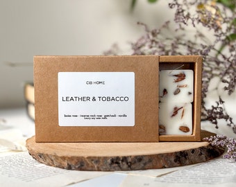 LEATHER & TOBACCO - Botanical Wax Melts Box of 6, Rich and Woody Scent Square Melts, Set of 6 Tobacco Wax Melts in Kraft Paper Drawer Box