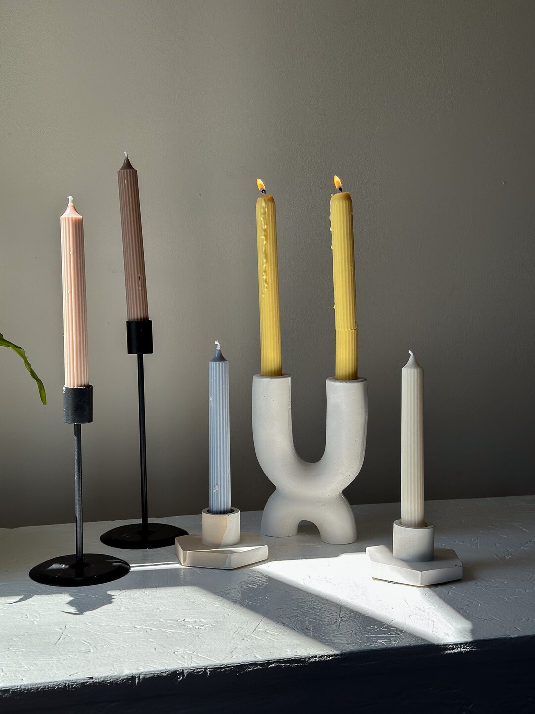 Ribbed Taper Candle Set of 2 18cm, Modern Ribbed Candlesticks Set