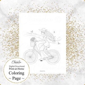 May include: Black and white line art coloring page featuring a person riding a bicycle with a basket of flowers. The image includes butterflies and the text "Digital Download Print-at-Home Coloring Page".
