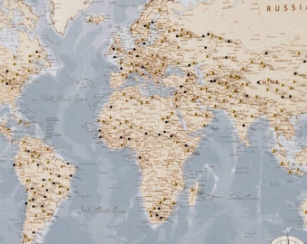 Nautical Blue Push Pin World Map Canvas – Classic Travel Tracker Map Pinboard Wall Art