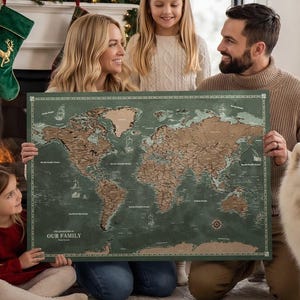 Personalised World Map Pin Board with Pins, Vintage Push Pin Travel Map, Custom Home Decor, Traveller Gift, World Map Canvas, Green