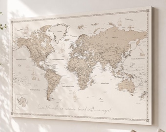 Custom Push Pin World Map, Personalized Canvas Travel Map with Pins for Visited Places