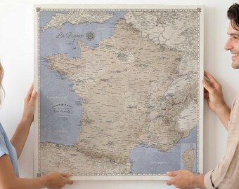 Personalized France Map Canvas Pinboard, Travel Tracker Custom Canvas in blue and beige, Carte de France, 100 punaises