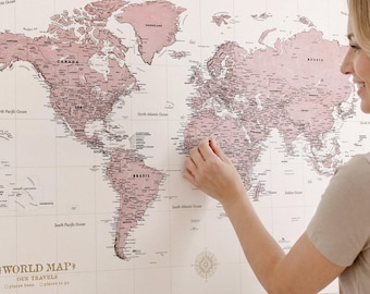 Personalized Push Pin World Map Pinboard, Cotton Canvas Travel Tracker, Pink, with Pins