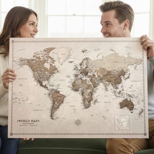 Personalised World Map Pin Board with Pins, Vintage Push Pin Travel Map, Custom Home Decor, Traveller Gift, World Map Canvas, Beige