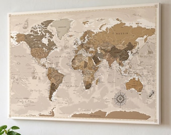 Custom Canvas World Map, Push Pin Travel Map with Personalized Legend and Pins