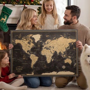 Personalized World Map Travel Pushpin Pinboard Home & Wall Decor Cork Board Gift for Travelers with Pins Functional Map in Vintage Style