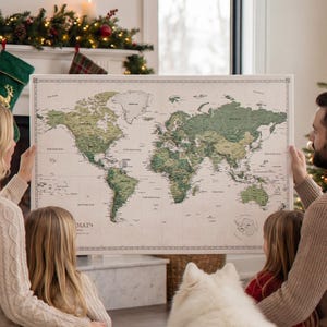 Personalized World Map Pinboard: Green Canvas Travel Decor