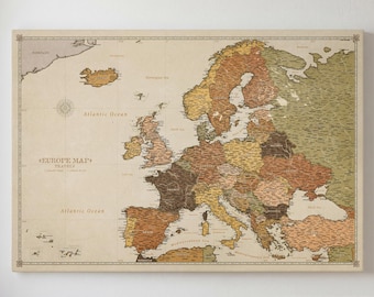 Personalized Vintage Europe Push Pin Map on Canvas - Custom Travel Tracker & Wall Decor Pinboard, Earthy Colors, 100 Pins Included