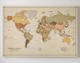Personalized Push Pin World Map on Canvas, Custom Travel Tracker with Pins, Ready to Hang, Earthy Colors, 100 Pins Included