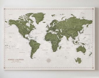 Personalized World Map, Pinboard Home Decor Canvas Travel in Green, Wall Decor, Pushpin Cork Board
