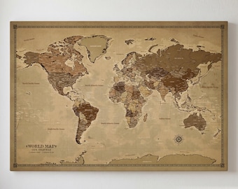 Canvas Travel Map with Pins, Personalized Push Pin Map Pinboard in Vintage Style Sepia