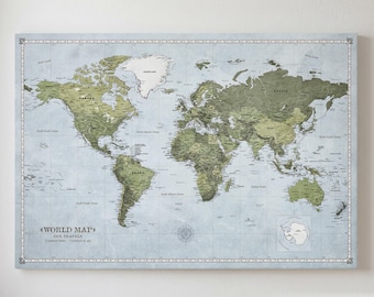 Custom World Travel Map on Canvas, Push Pin Board for Marking Places Been and Places to Go