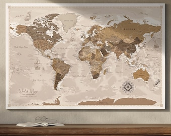 Gepersonaliseerde push-pins wereldkaart op canvas – prikbord muurkunst vintage reiskaart