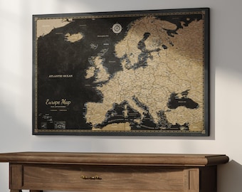 Map of Europe, in Elegant Black & Gold Europe Push Pin on Canvas - Custom Travel Tracker
