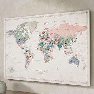 Pastellfarbene Weltkarte auf Leinwand, Weltkarte auf Leinwand