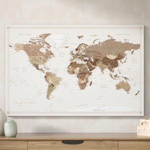 Mappa del Mondo Personalizzata su Tela con Puntine | Mappa dei Viaggi Marrone | Regalo per Viaggiatori | Decorazione da Parete in Sughero