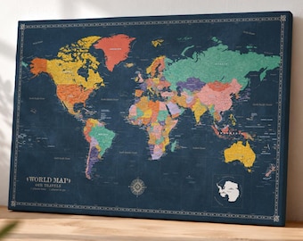 Personalized World Map Pin Board, Canvas Travel Tracker with Push Pins and Custom Legend, Dark Blue