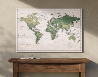 Personalized World Map Pinboard Home Decor Canvas Travel Map Green Wall Decor Pushpin Cork Board