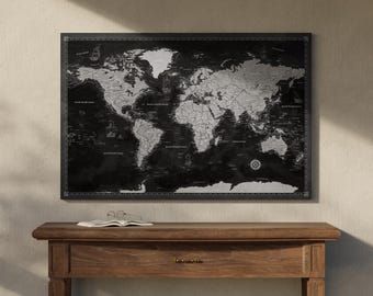 Personalized World Map Canvas Pinboard: Black & Grey Travel Decor