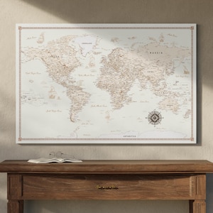 Individuelle Weltkarte auf Leinwand - Aufhängefertiges Reisedekor in Beige & Creme - Perfektes Geschenk für Hochzeiten, Jubiläen, Geburtstage, Feiertage