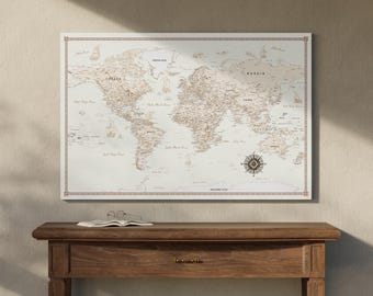 Carte du monde personnalisée sur toile - Décoration de voyage prête à accrocher en beige et crème - Cadeau parfait pour les mariages, anniversaires, anniversaires, vacances