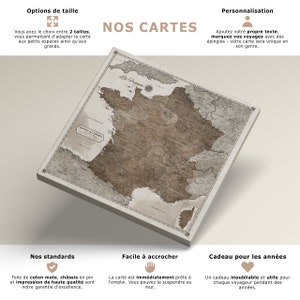 Carte de France personnalisée à épingler sur toile avec options de taille et de personnalisation. Idéale pour voyageurs.