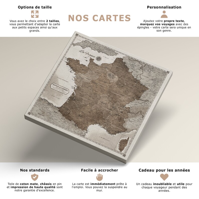 Carte de France personnalisée à épingler sur toile avec options de taille et de personnalisation. Idéale pour voyageurs.