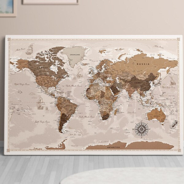 Personalized Travel World Map Vintage Notice Board Home Decor Handmade Gift Push Pin Cork Pinboard Customize Map Canvas Wall Decor Traveler