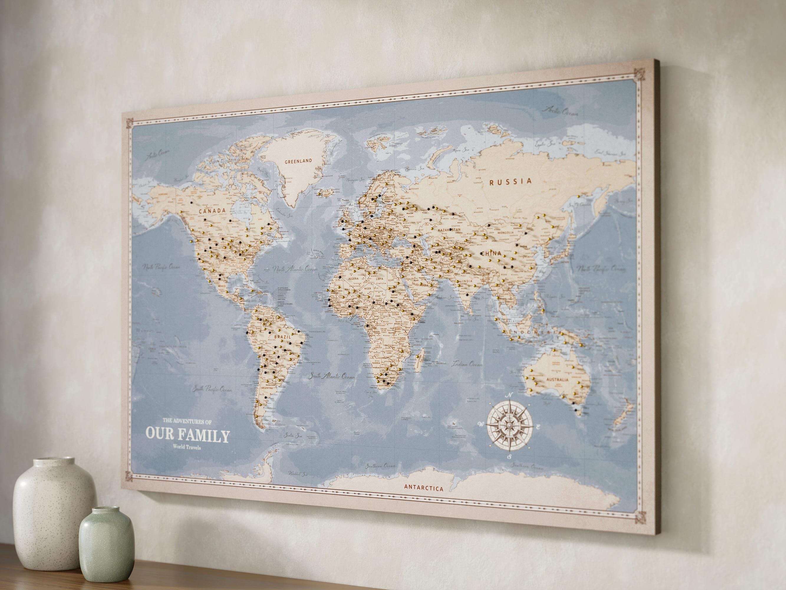 Nautical Blue Push Pin World Map Canvas – Classic Travel Tracker Map ...